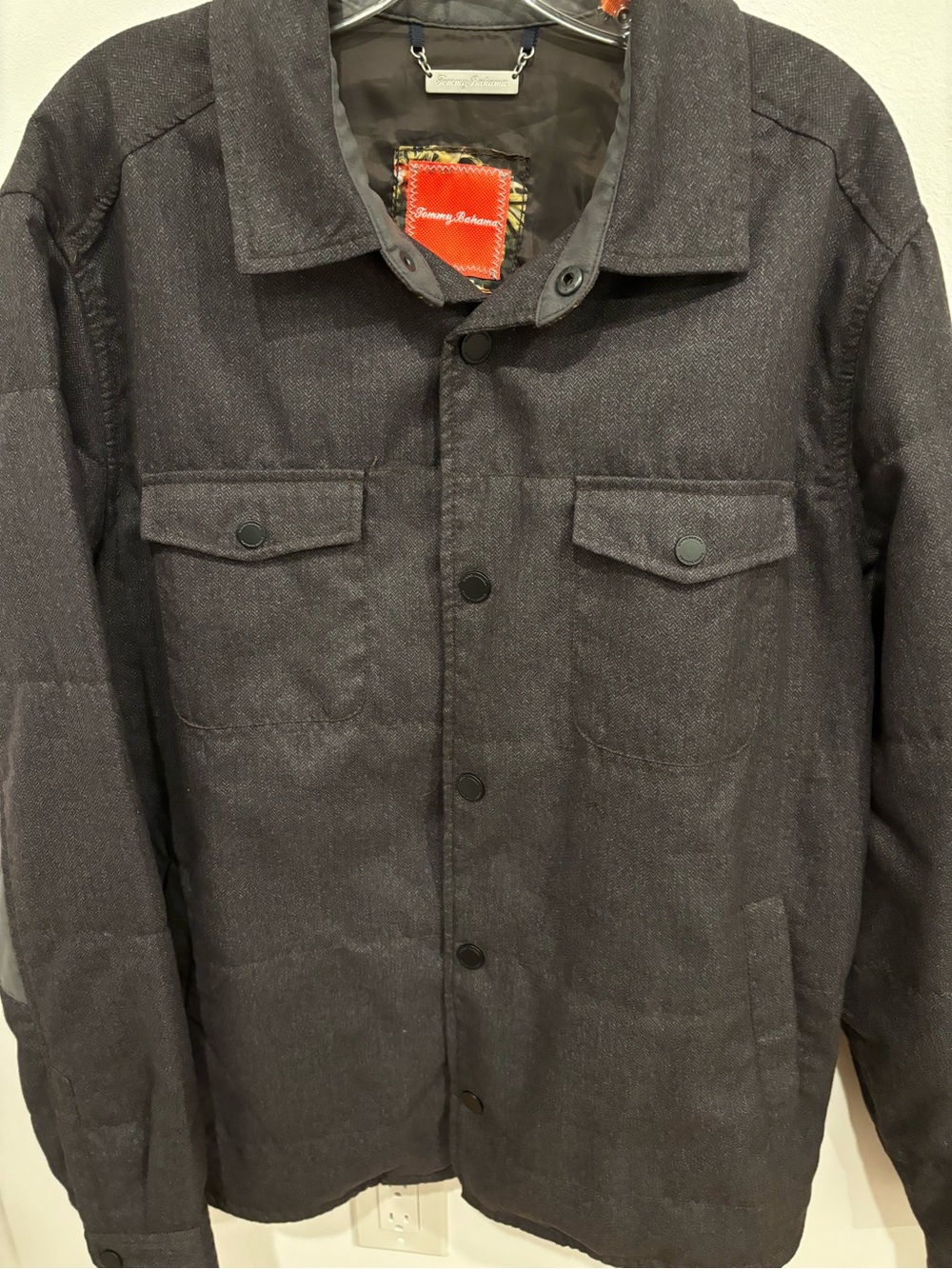 Tommy Bahama Men’s Quilted Herringbone Tweed Jacket Dark Grey Snap Front Size L
